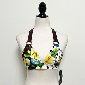 Skye Coco Motion Floral Animal Halter Yellow Brown Triangle Bikini Top NWT Small